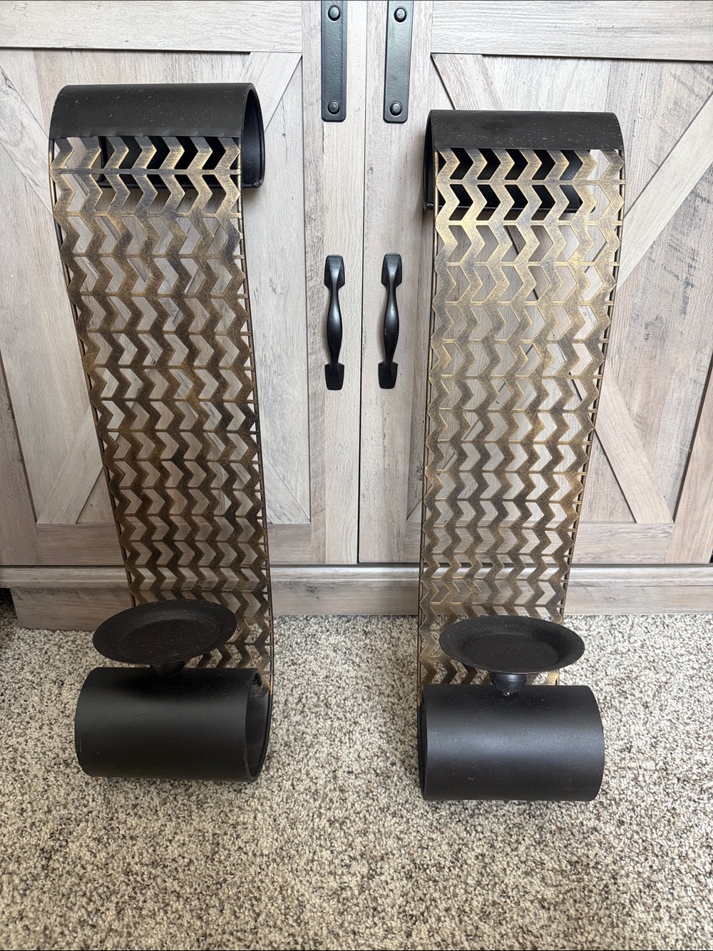 Source Unknown Black and Gold Chevron Metal Wall Candle Holders - Pair